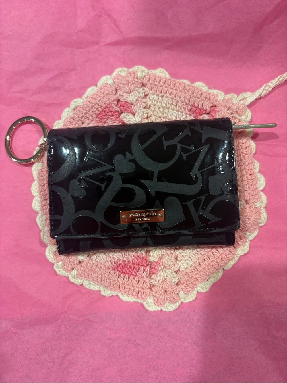 kate spade Black Patent Logo Key & Card Holder with Gold Tone Plate